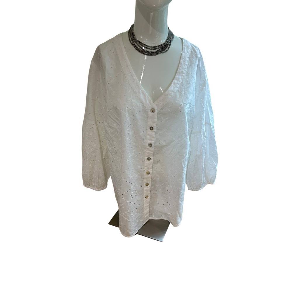 J. Jill | White Eyelet V Neck Button Front Blouse Large Boho Prairie Sz XLP